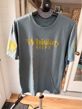 GS Whiskey Helps Graphic T-Shirt Unisex Medium Blue with Yellow Print